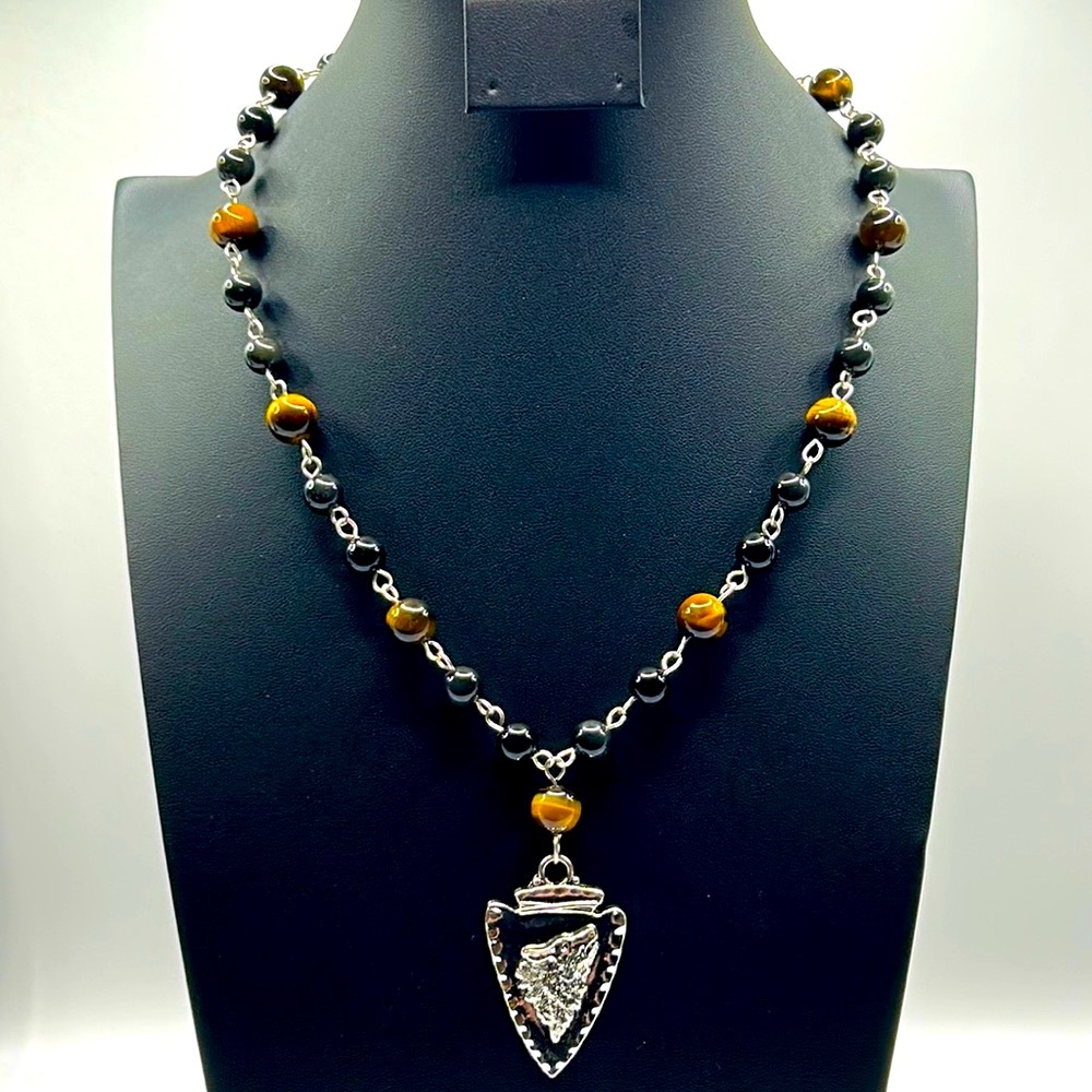 Handmade Wolf Arrowhead Necklace with Natural Obsidian & Tiger Eye Stones!